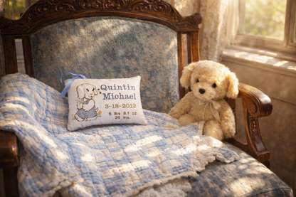 Personalized Music Box Pillow -- Embroidered MUSICAL Baby Keepsake -- Vintage Puppy Sampler