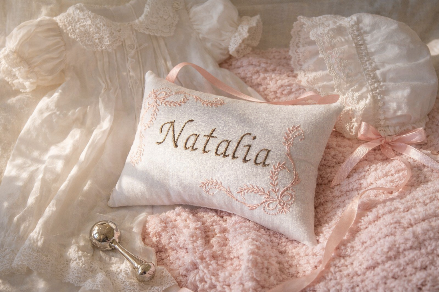 Decorative music box pillow with 'Natalia' embroidery on a soft, textured background