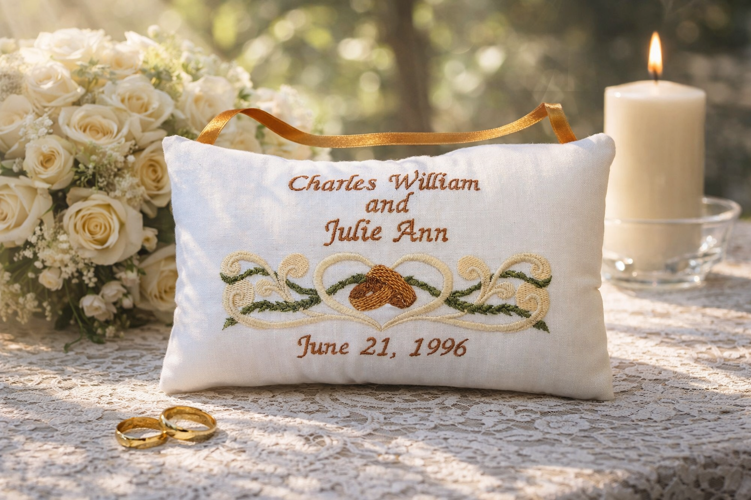 Decorative music box pillow with embroidered names and date, accompanied by wedding rings and a candle.