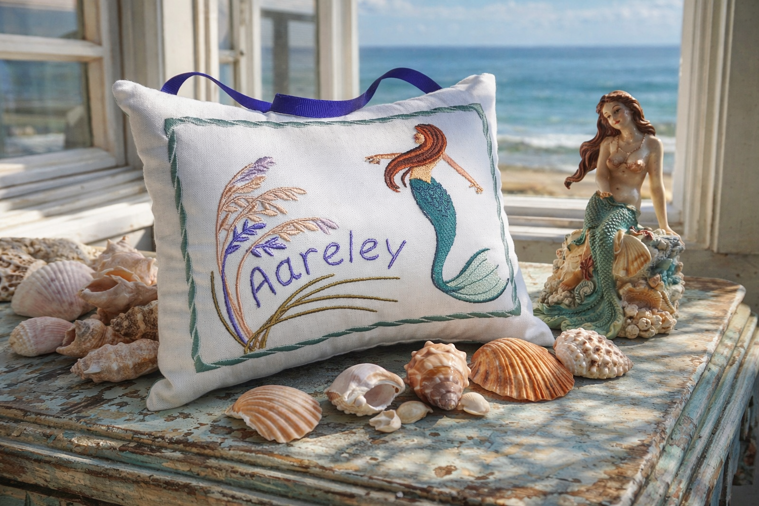 Decorative music box pillow with mermaid design and 'Aareley' embroidery, surrounded by shells and a mermaid figurine on a windowsill.