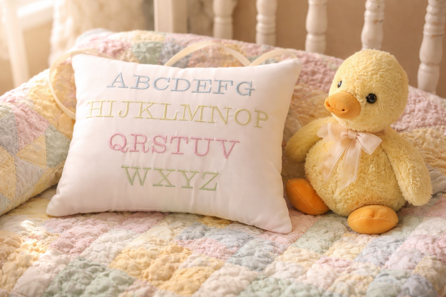 Decorative music box pillow with alphabet letters and a plush duck toy on a quilted surface.