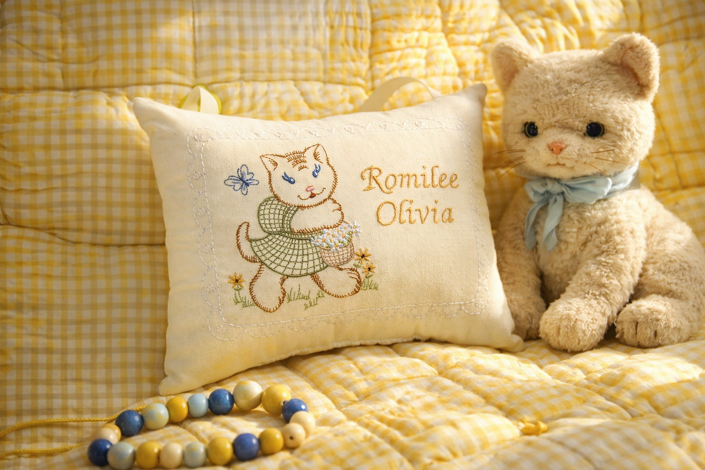 Personalized Embroidered Music Box Pillow -- MUSICAL Baby Keepsake -- Vintage Kitten Sampler