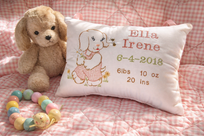 Personalized Music Box Pillow -- Embroidered MUSICAL Baby Keepsake -- Vintage Puppy Sampler