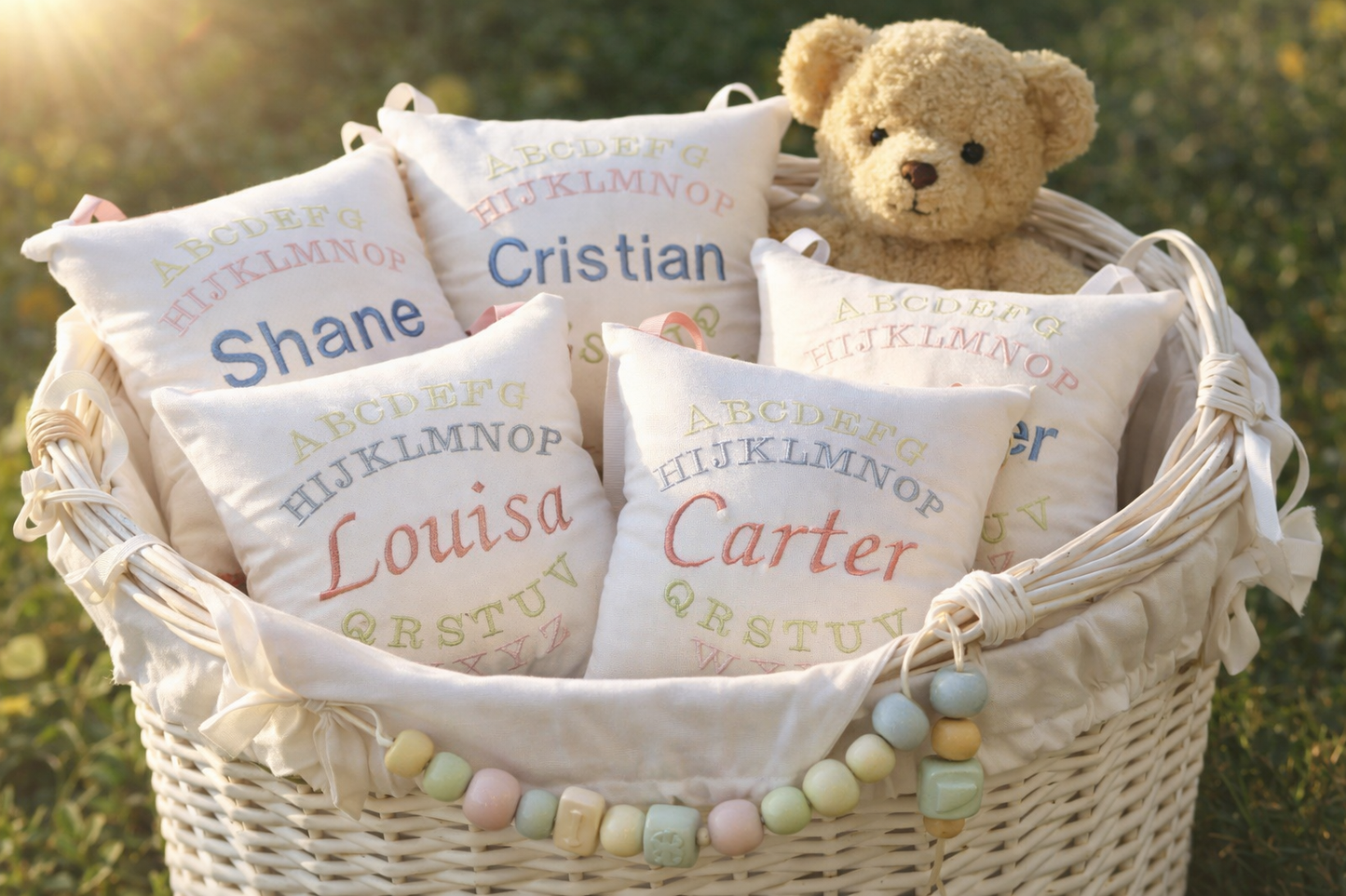 Basket with personalized music box  pillows and a teddy bear against a blurred green background