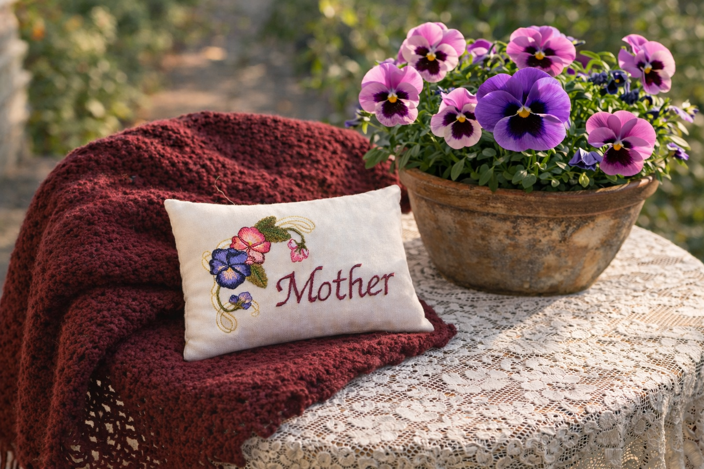 Decorative music box pillow with 'Mother' and flowers on a red blanket next to a pot of purple flowers.