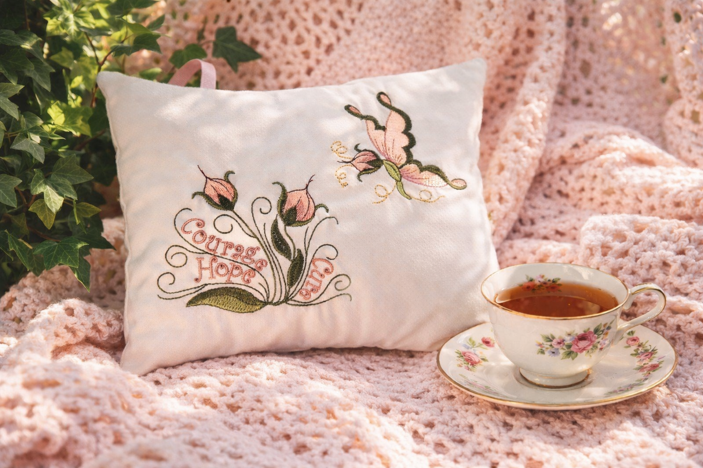 Decorative music box pillow with floral embroidery and a cup of tea on a pink blanket