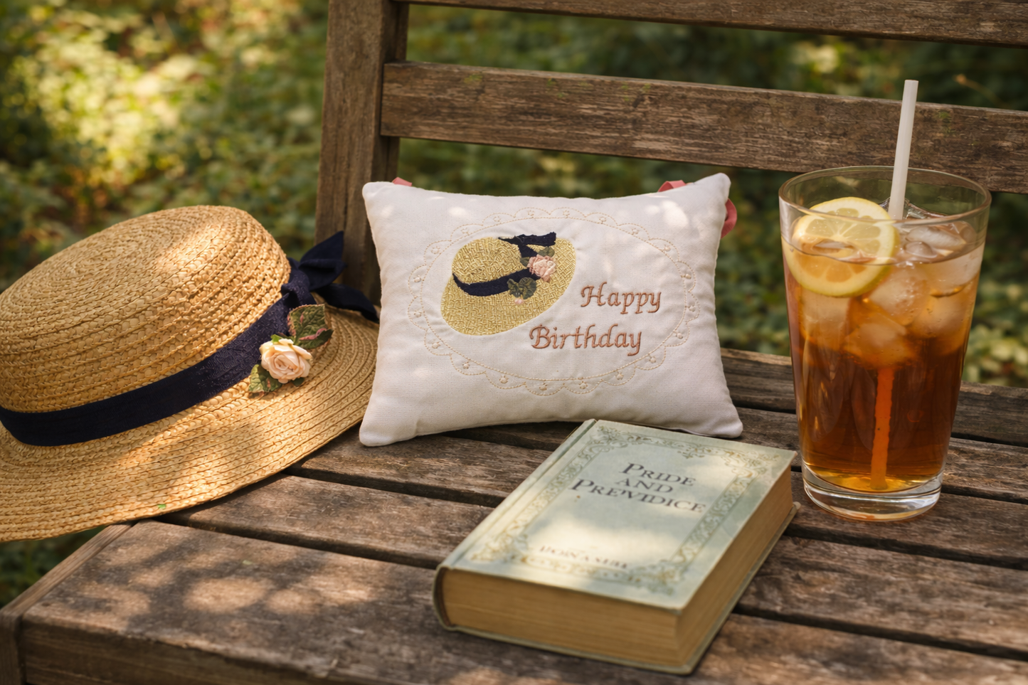 Straw hat, 'Happy Birthday' music box pillow, book, and iced tea on a wooden bench outdoors.