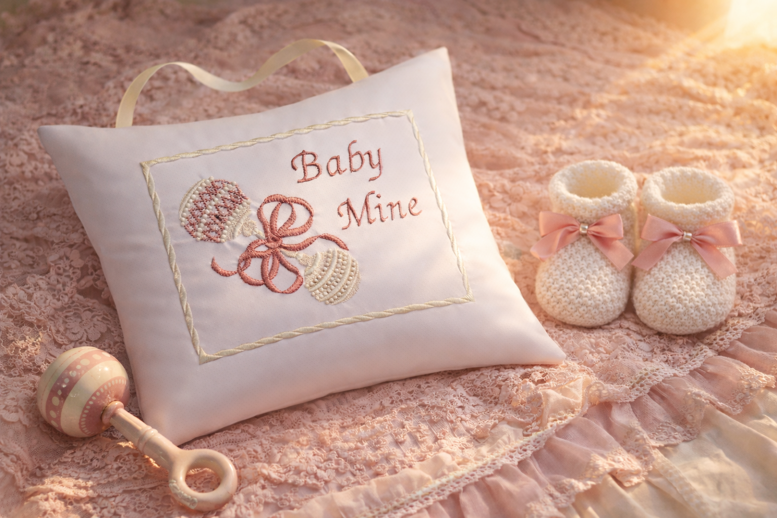 Baby music box pillow with 'Baby Mine' embroidery, baby booties, and rattle on a soft surface.
