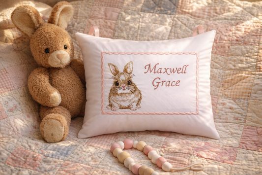 Personalized Embroidered Music Box Pillow -- MUSICAL Keepsake -- Chubby Bunny Design