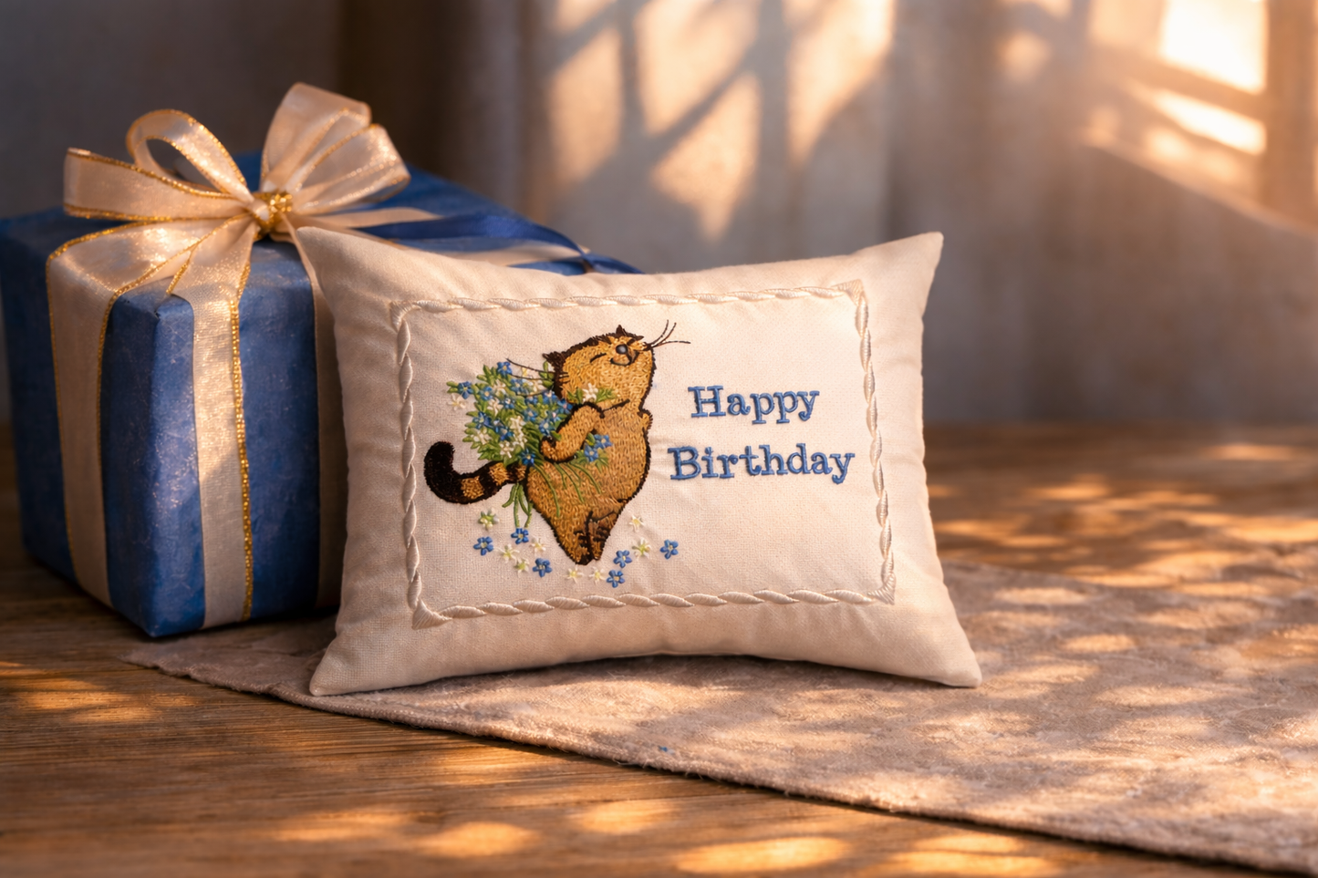 Decorative music box pillow with a cat illustration and 'Happy Birthday' text next to a wrapped gift on a wooden surface.