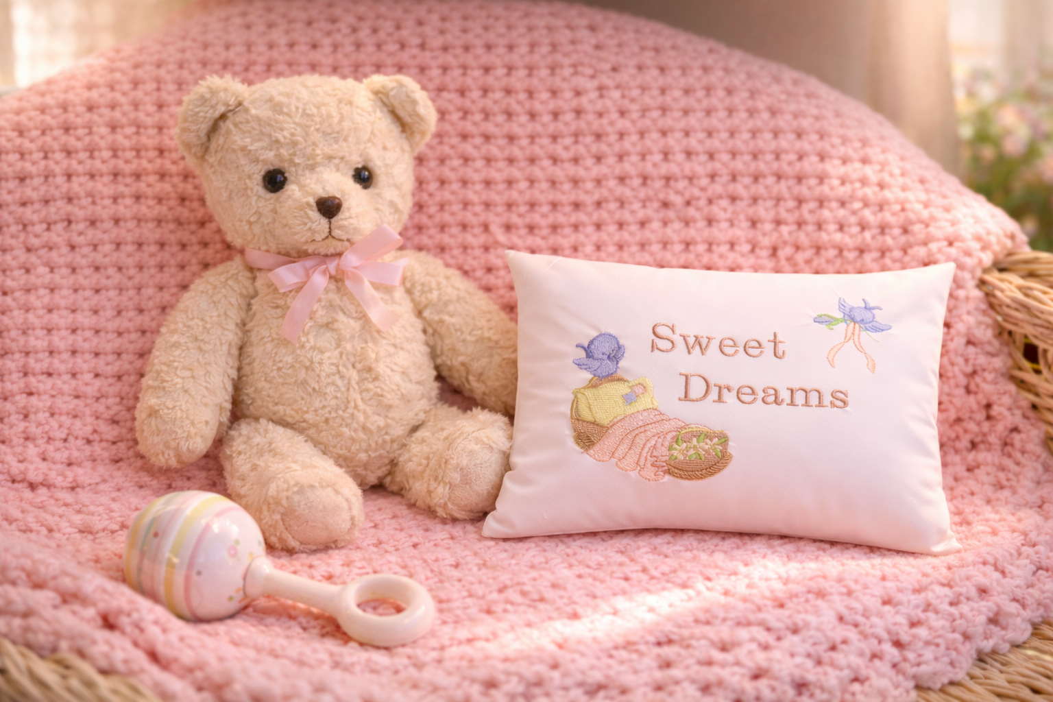 Teddy bear with a 'Sweet Dreams' music box pillow on a pink textured surface