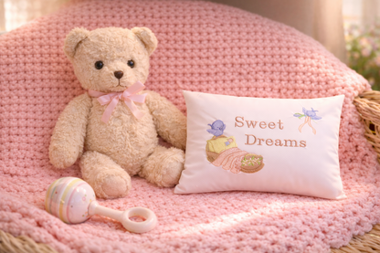Teddy bear with a 'Sweet Dreams' music box pillow on a pink textured surface
