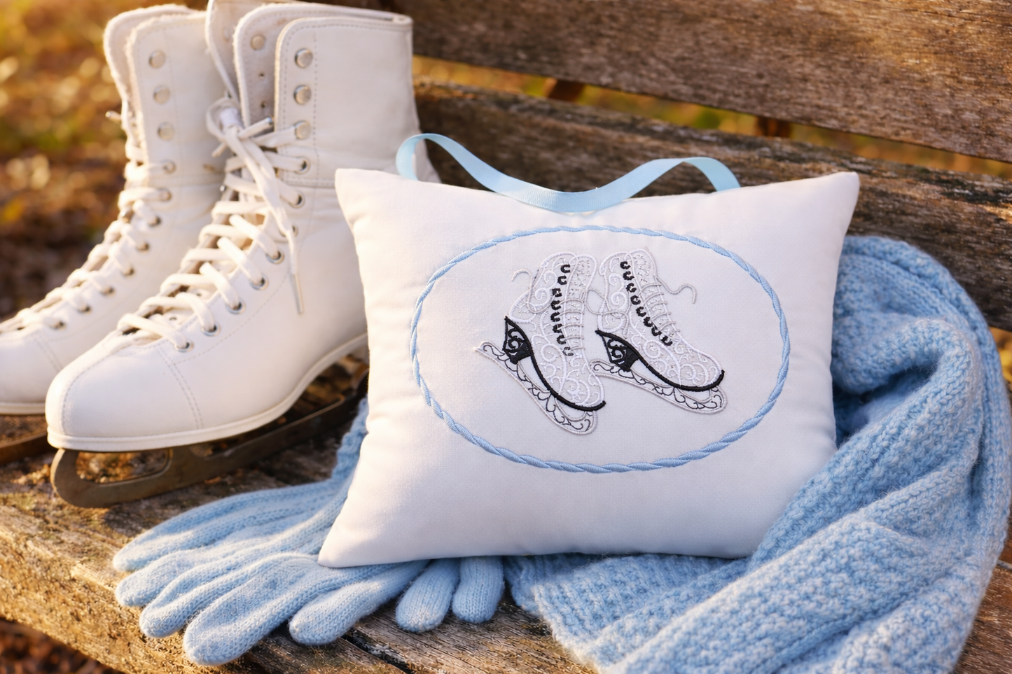 Personalized Music Box Pillow -- Embroidered MUSICAL Keepsake -- Filigree Ice Skates