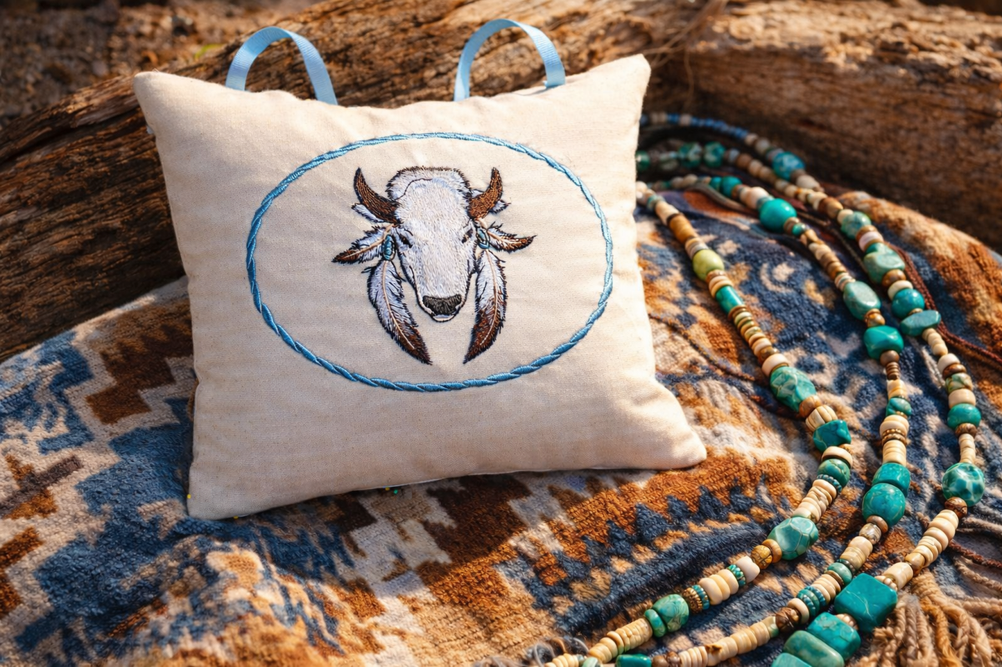 Decorative music box pillow with embroidered bison design on a textured surface with beads.