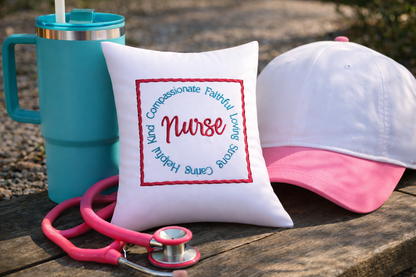 Music box illow with 'Nurse' text, stethoscope, mug, and cap on a wooden surface