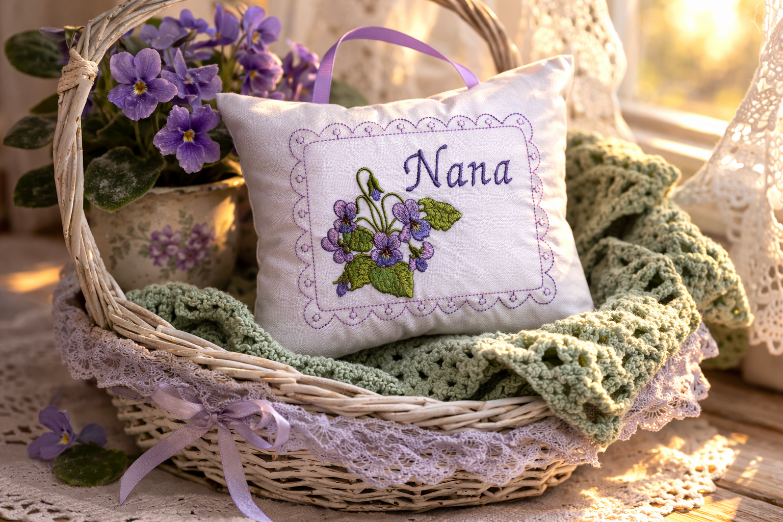 Decorative music box pillow with 'Nana' and floral design in a basket with purple flowers