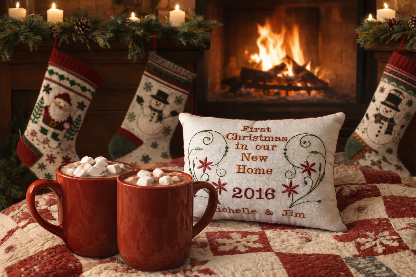 Embroidered music box pillow and two mugs of hot chocolate with marshmallows on a quilted blanket in front of a fireplace with stockings hanging above.
