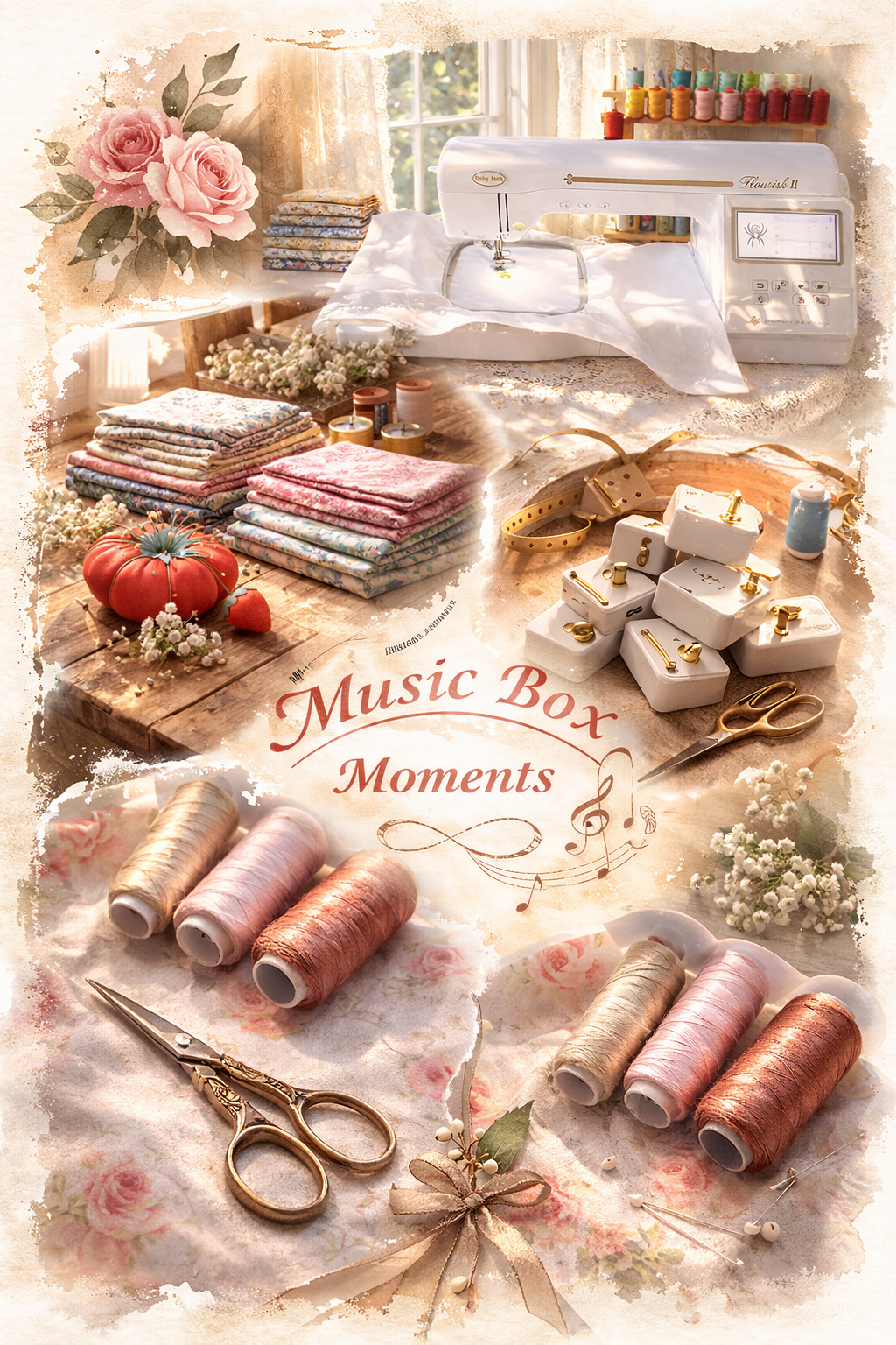 Scrapbooking setup with sewing supplies, scissors, and a sewing machine on a decorative background.