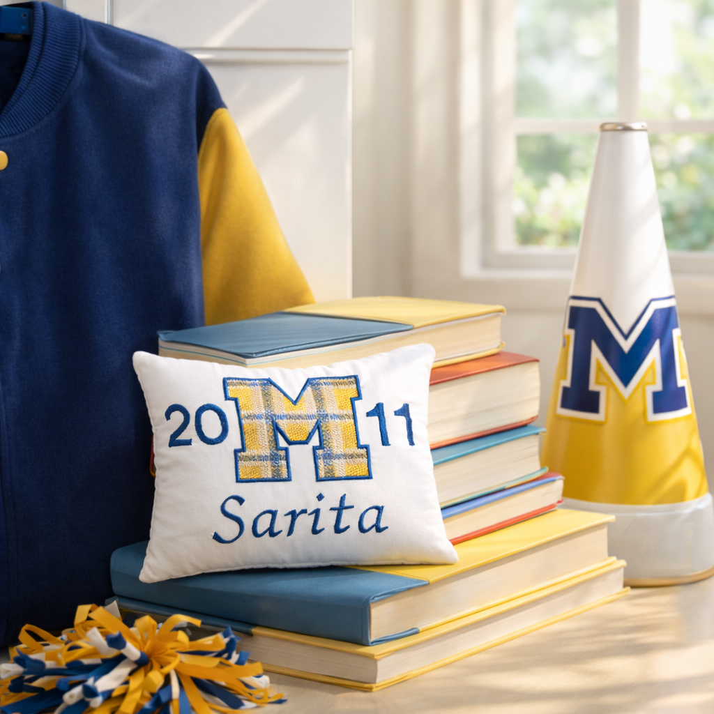 Personalized Music Box Pillow -- Embroidered MUSICAL Keepsake -- Plaid Collegiate Letter -- Seniors, Graduates, Sports, Music, Team Spirit