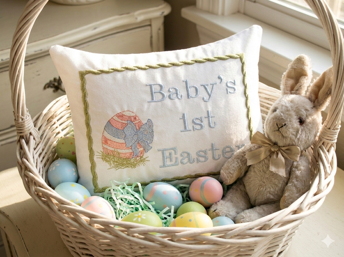 Wicker basket with 'Baby's 1st Easter' music box pillow, stuffed bunny, and colorful eggs.