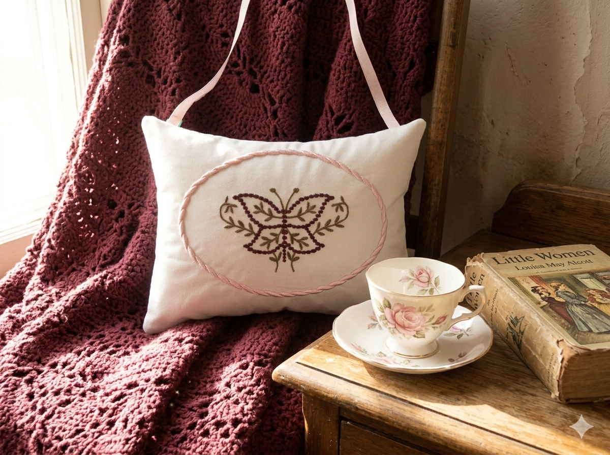 Decorative music box pillow with embroidered butterfly design on a wooden surface with a teacup and books.