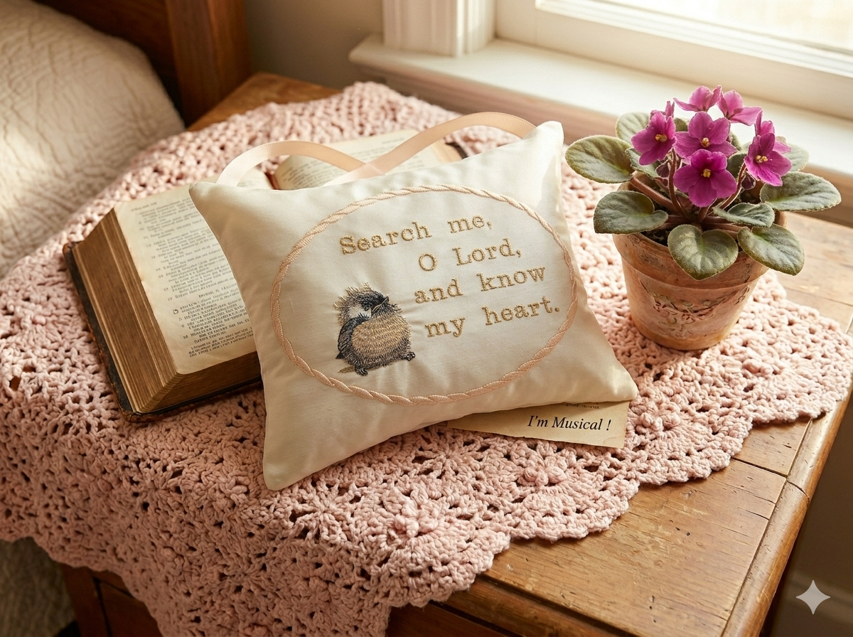 Decorative music box pillow with text and baby bird illustration on a pink doily with an open book and potted plant.