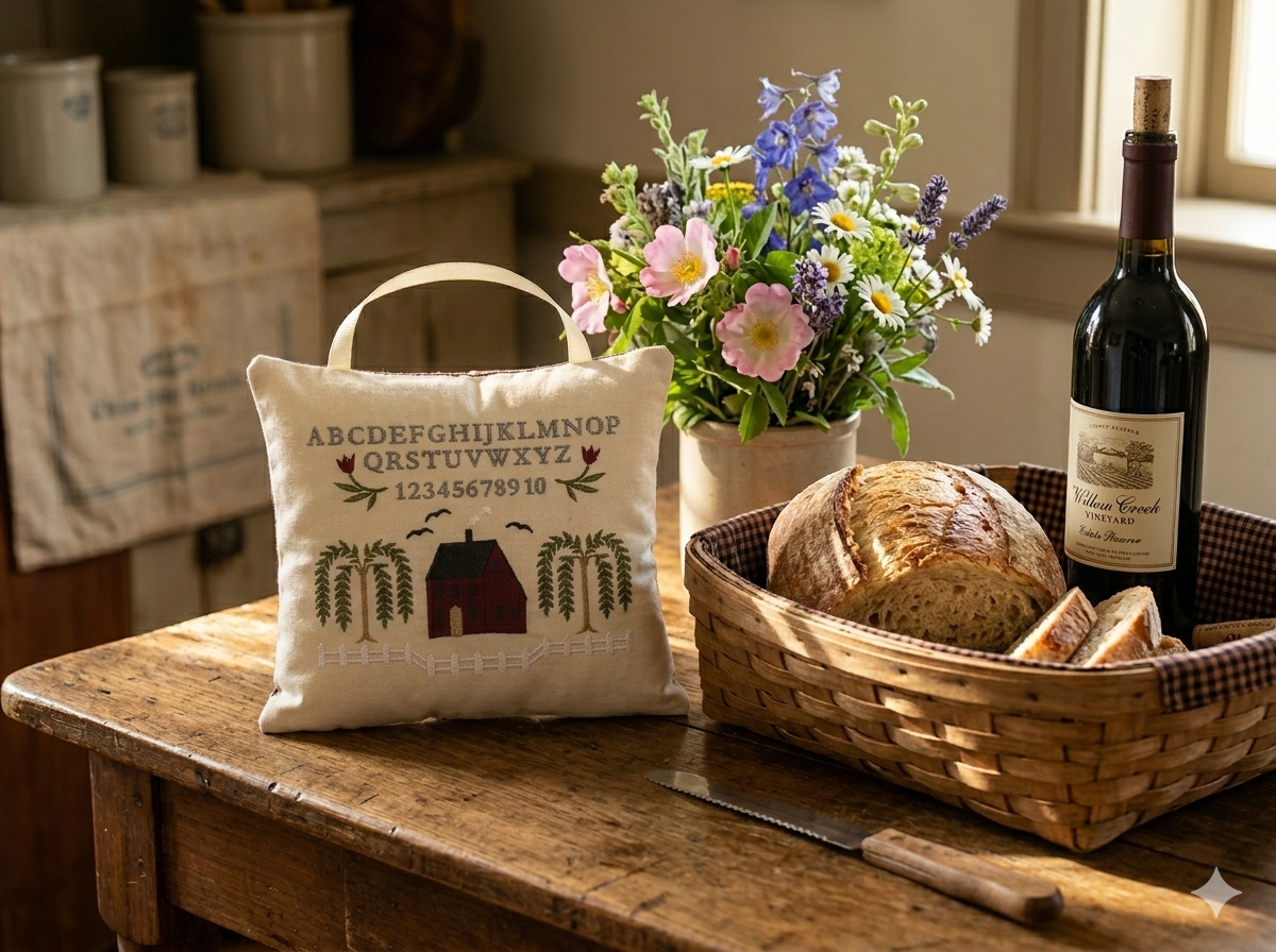 Decorative music box pillow with alphabet design, basket of bread and wine on a wooden table.
