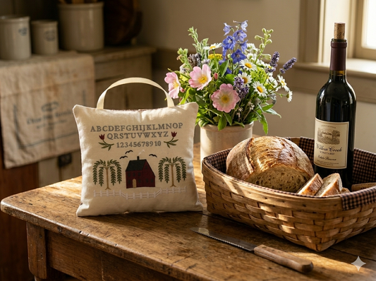 Decorative music box pillow with alphabet design, basket of bread and wine on a wooden table.