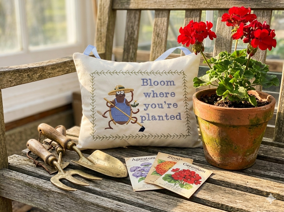 Decorative music box pillow with gardening-themed design, potted plant, and gardening tools on a wooden surface.
