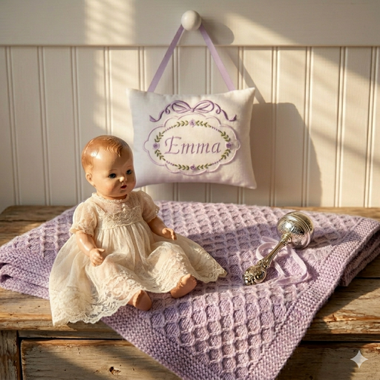 Vintage doll in a lace dress sitting on a wooden surface with a personalized  music box pillow in the background.