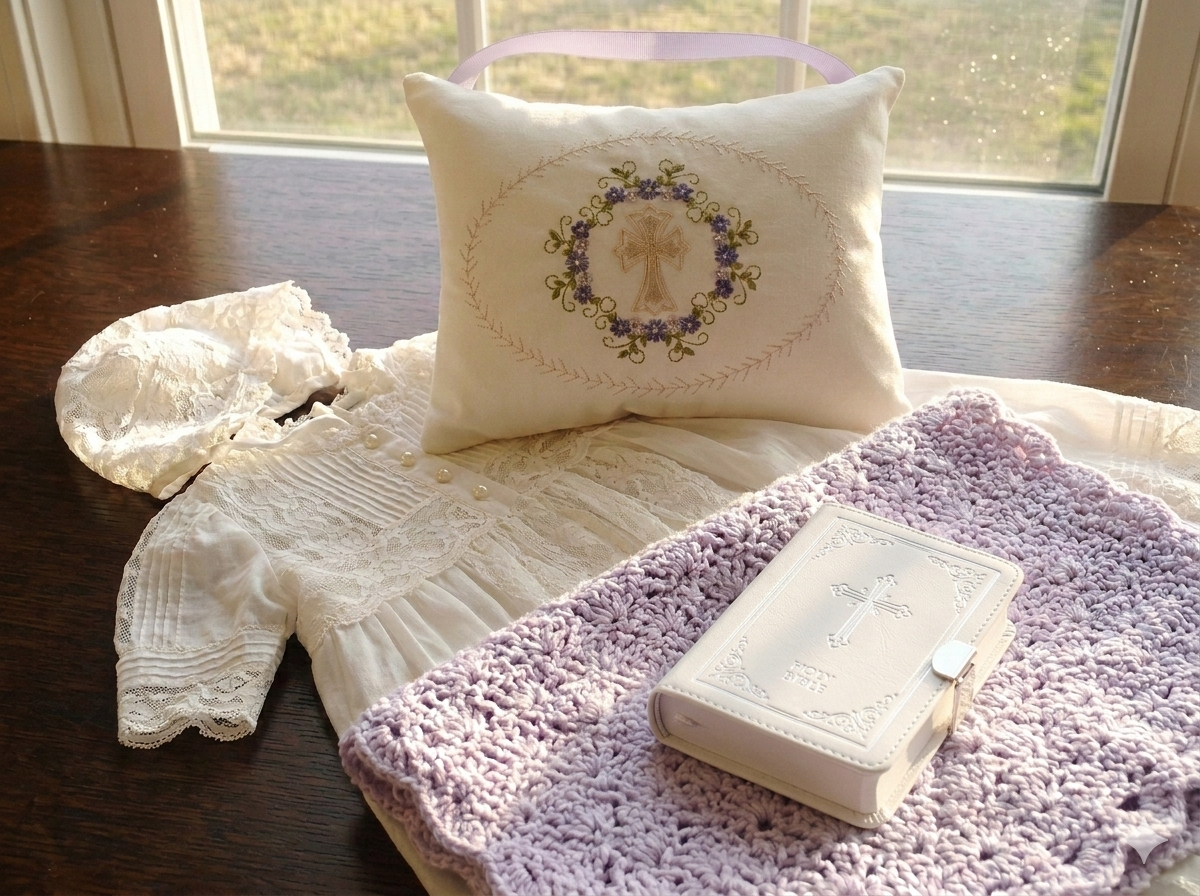 Embroidered music box pillow with cross design on a textured surface with a book and lace fabric.