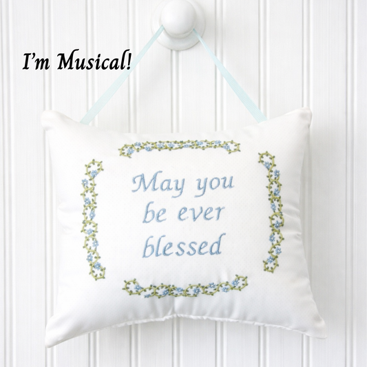 Personalized Music Box Pillow --  Embroidered MUSICAL Keepsake -- Twirling Vines & Periwinkle