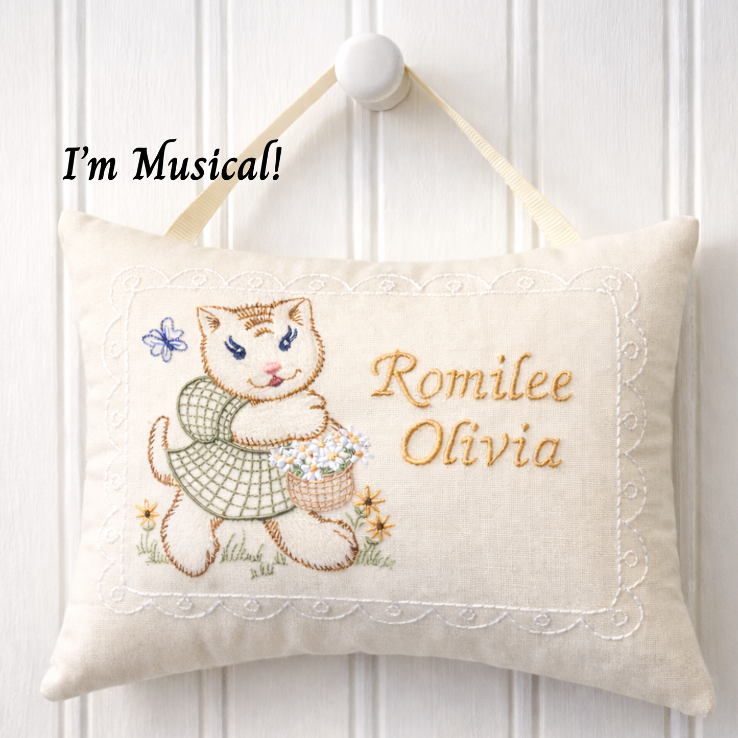 Personalized Embroidered Music Box Pillow -- MUSICAL Baby Keepsake -- Vintage Kitten Sampler