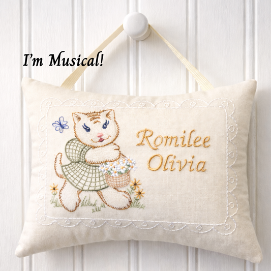 Personalized Embroidered Music Box Pillow -- MUSICAL Baby Keepsake -- Vintage Kitten Sampler