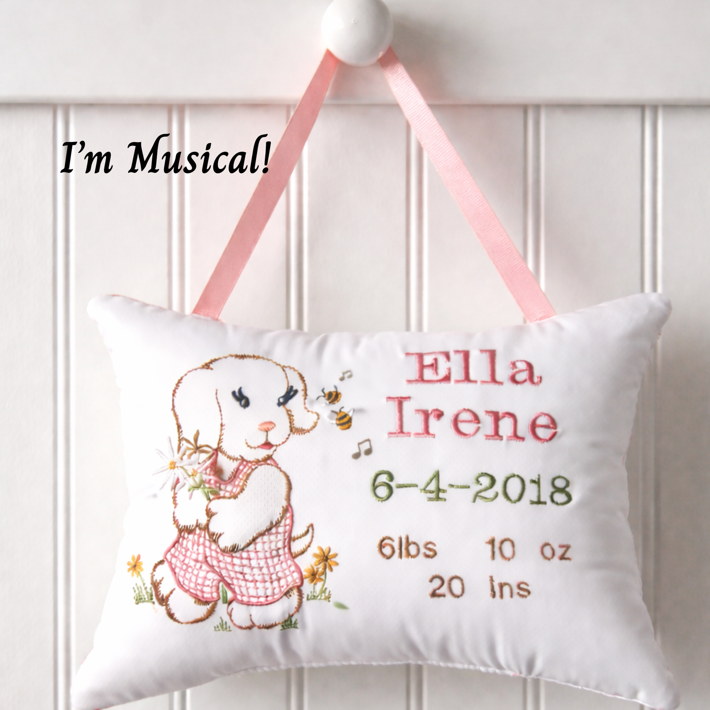 Personalized Music Box Pillow -- Embroidered MUSICAL Baby Keepsake -- Vintage Puppy Sampler