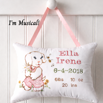 Personalized Music Box Pillow -- Embroidered MUSICAL Baby Keepsake -- Vintage Puppy Sampler