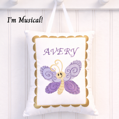 Personalized Music Box Pillow --  Embroidered MUSICAL Keepsake -- Flutterby -- Butterfly