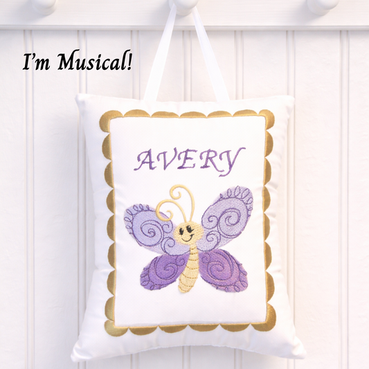 Personalized Music Box Pillow --  Embroidered MUSICAL Keepsake -- Flutterby -- Butterfly