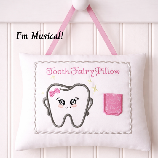 Musical Tooth Fairy Pillow with cartoon tooth design and pink pocket on a white background