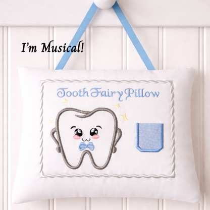 Tooth fairy pillow with a cartoon tooth design and text 'I'm Musical!' on a white background.