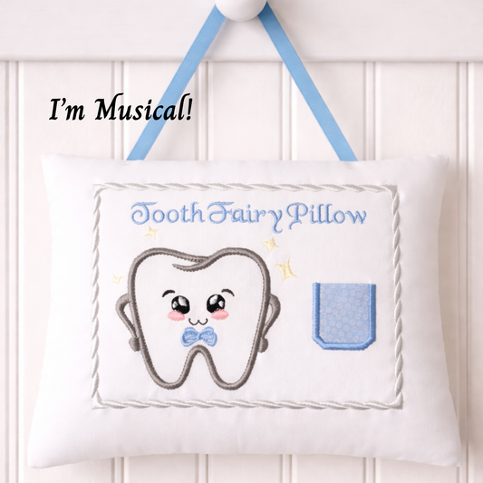 Tooth fairy pillow with a cartoon tooth design and text 'I'm Musical!' on a white background.