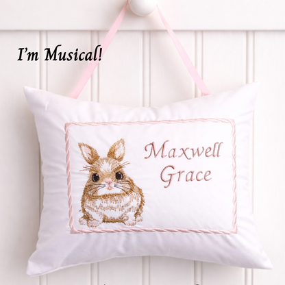 Personalized Embroidered Music Box Pillow -- MUSICAL Keepsake -- Chubby Bunny Design