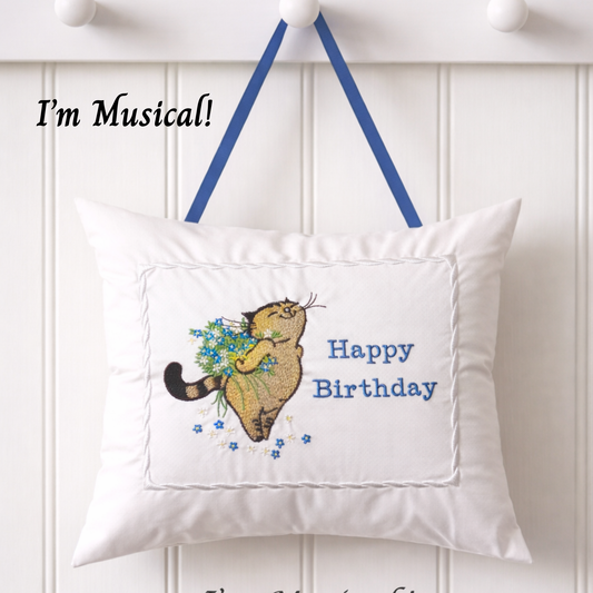 Personalized Music Box Pillow -- Embroidered MUSICAL Keepsake -- Cat with Bouquet