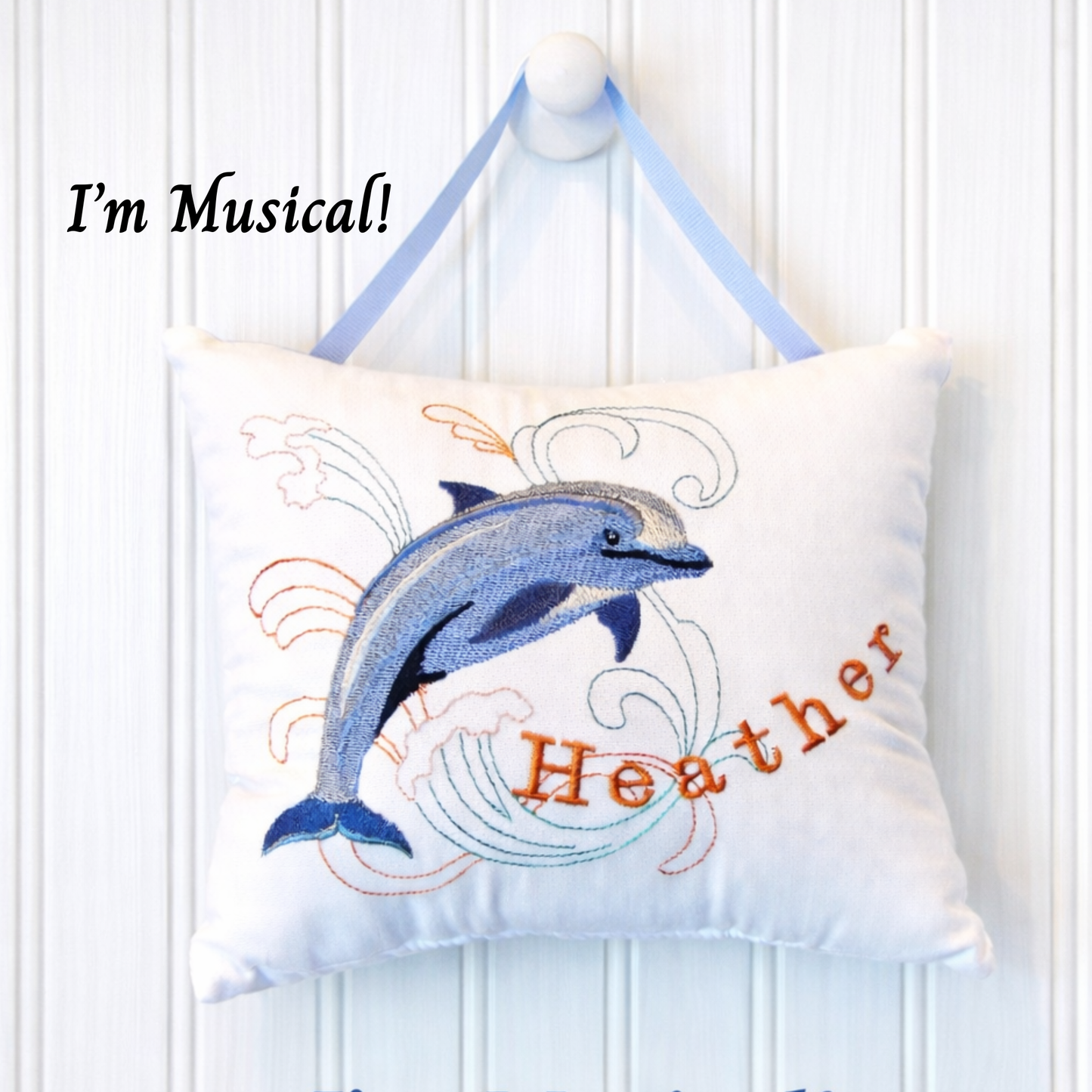 Personalized Music Box Pillow -- Embroidered MUSICAL Keepsake -- Dolphin