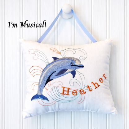 Personalized Music Box Pillow -- Embroidered MUSICAL Keepsake -- Dolphin