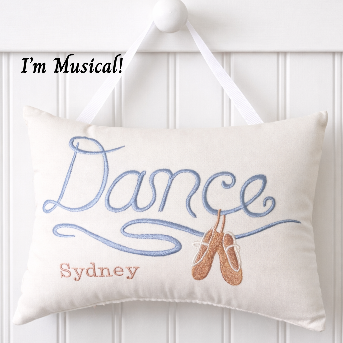 Personalized Music Box Pillow -- Embroidered MUSICAL Keepsake -- Dance Script -- Ballet