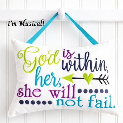 Decorative music box pillow with motivational quote on a white background