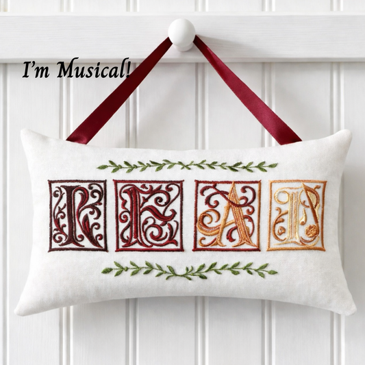 Personalized Music Box Pillow -- Embroidered MUSICAL Keepsake -- Victorian READ Text