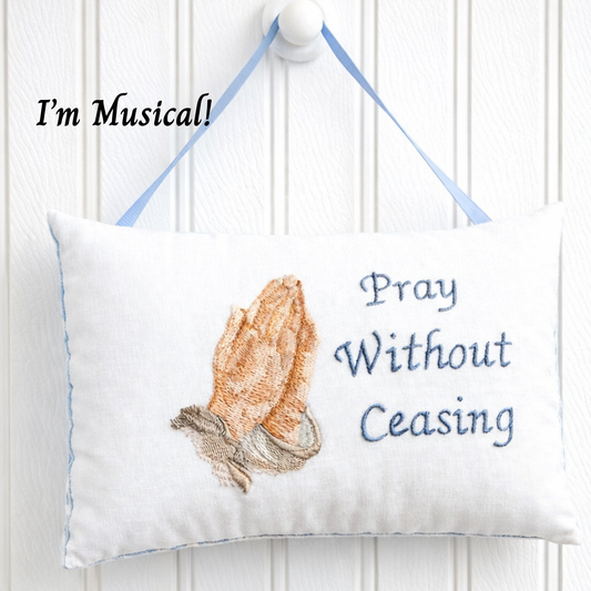 Embroidered Music Box Pillow -- Personalized  MUSICAL Keepsake -- Praying Hands