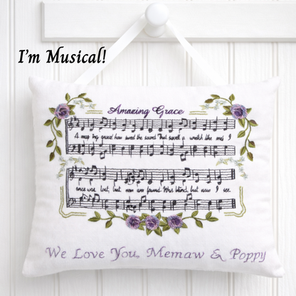 Personalized Music Box Pillow --  Embroidered MUSICAL Keepsake -- Amazing Grace Hymn